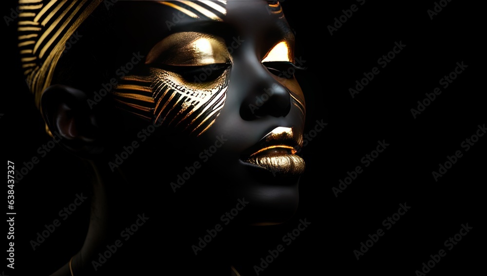 Obraz premium close up cosmetic fashion face shot of African dark skin woman wearing golden make up glow in metallic color, Generative Ai