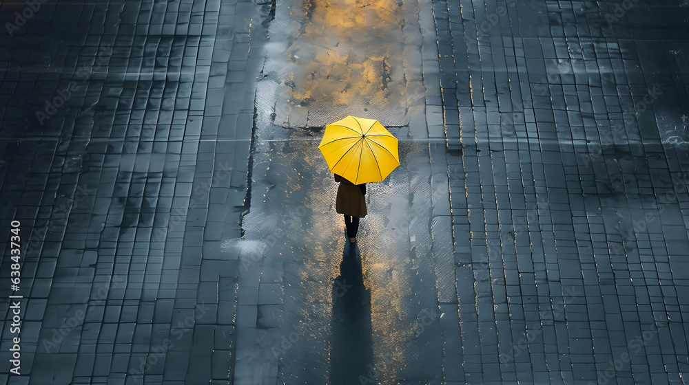 Solitary figure of a lonely woman with a yellow umbrella walking on a empty street. Urban atmosphere scene. - obrazy, fototapety, plakaty 