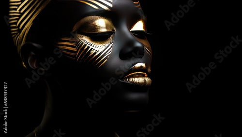 close up cosmetic fashion face shot of African dark skin woman wearing golden make up glow in metallic color, Generative Ai