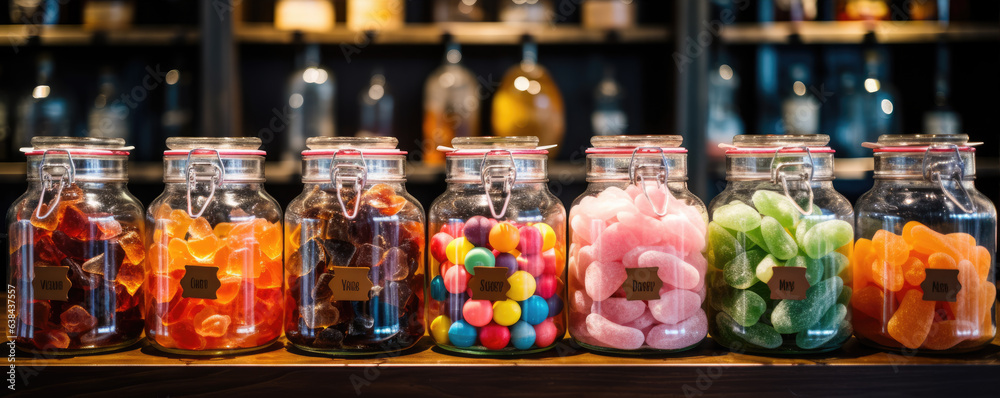 Jars filled with assorted multicolored candies.