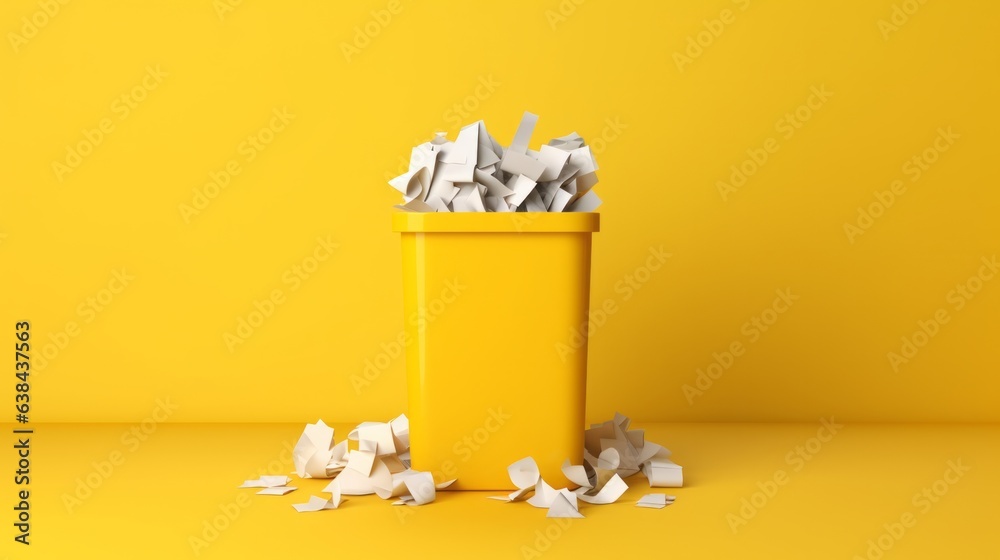 Paper trash stacked on recycle bin on yellow background - obrazy, fototapety, plakaty 
