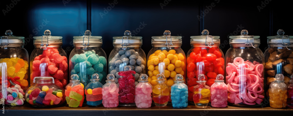 Jars filled with assorted multicolored candies.