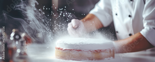 chef decorating a dessert or cake with strawberries.