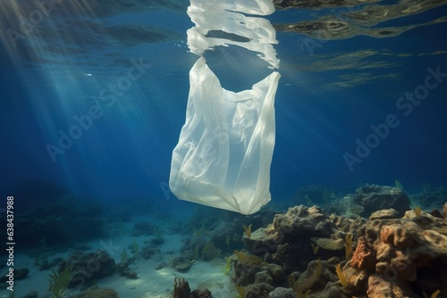 a plastic bag floating underwater in the ocean, plastic pollution theme