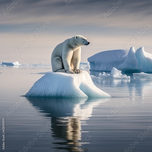 lone polar bear sitting on a floe in the arctic ocean, global warming, environmental desaster, melting ice theme