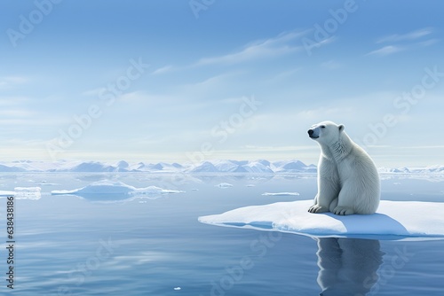 lone polar bear sitting on a floe in the arctic ocean, global warming, environmental desaster, melting ice theme