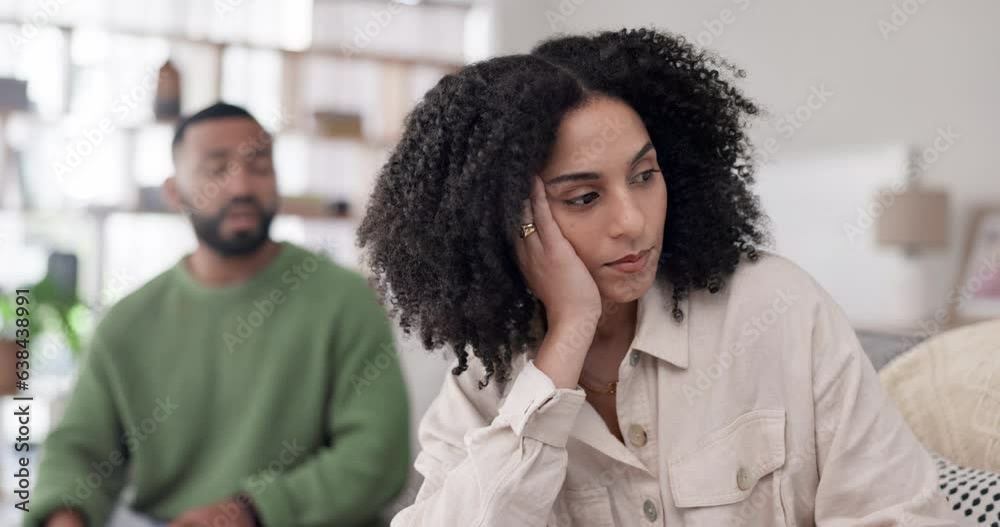 Home, anger and couple frustrated, screaming and fight with argument, cheating affair and depressed. Toxic, woman or man on couch, ignore or furious with conflict, anxiety or marriage fail with issue