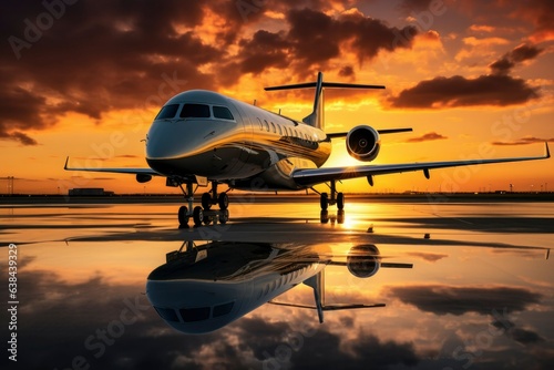 Private jet in airport at sunset. Close up of a private jet