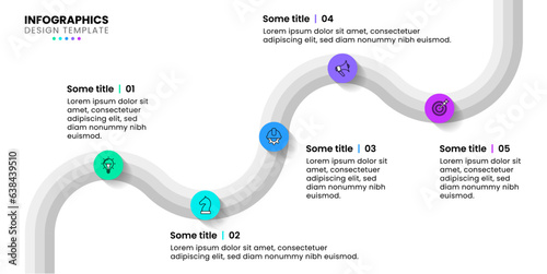 Infographic template. Gray line with 5 steps and icons