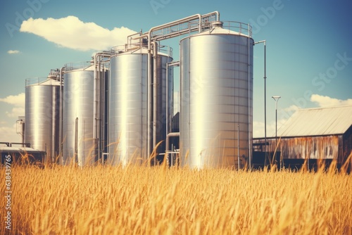 Biofuel storage green ecological biodiesel biogas gasoline gas fuel tanks grain silo tower wheat field agriculture chemical industry future consumption environmental ecology eco-friendly emissions