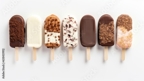 different chocolate covered ice cream on sticks on white background (Generative AI)