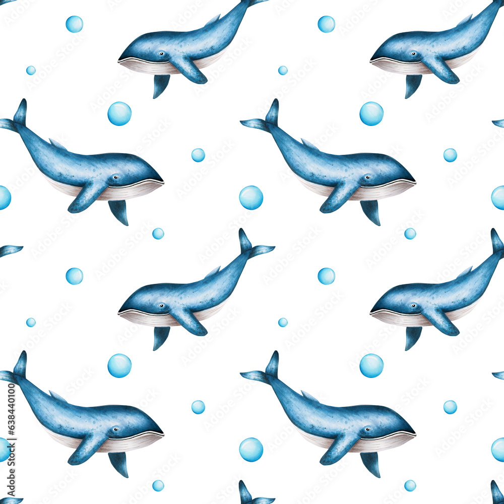 Watercolor seamless pattern with blue whales isolated on white background. Hand painting realistic Arctic and Antarctic ocean mammals. For designers, decoration, Watercolor seamless pattern with blue whales isolated on white background. Hand painting realistic Arctic and Antarctic ocean mammals. For designers, decoration,