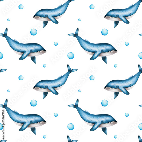 Watercolor seamless pattern with blue whales isolated on white background. Hand painting realistic Arctic and Antarctic ocean mammals. For designers  decoration  