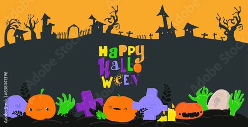 Cartoon Halloween Banner with Pumpkin, Zombies and Graves
