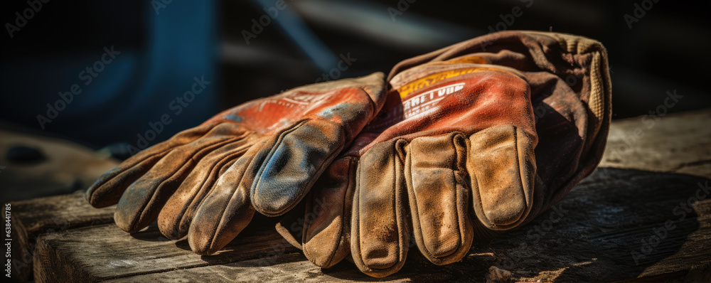 Detail on work gloves wide banner. Gloves after use in hard work