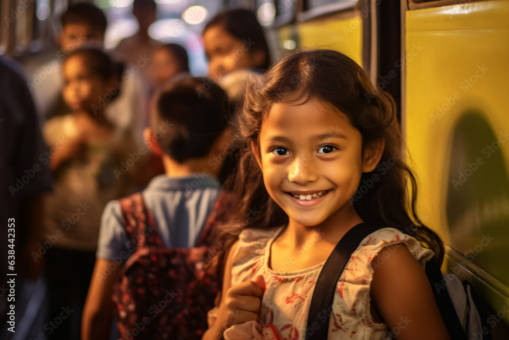 A girl smiles on a bus with a backpack A girl smiles on a bus with a backpack
