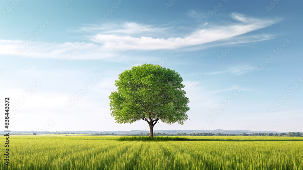 Fototapeta premium A Single Tree in a Vast Open Field Landscape Background AI Generative