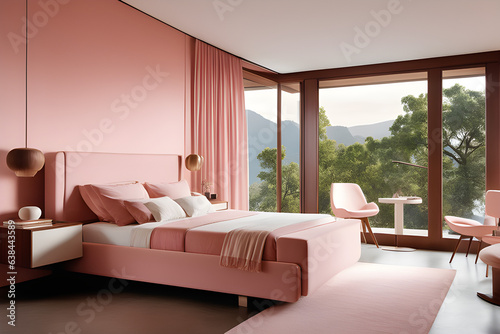 modern living room with sofa,  bedroom with white and pastel pink colors walls and large glass window