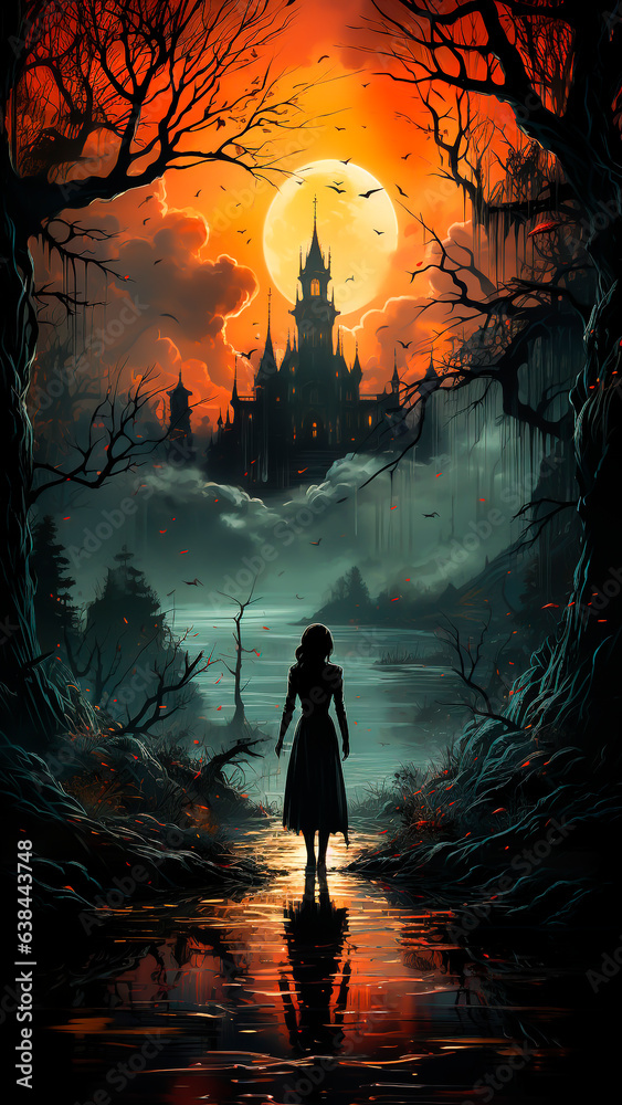Haunted castle and woman in the lake. Halloween background. Halloween concept.