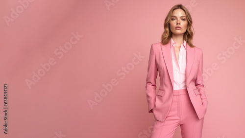 A young blond woman in pink clothing stands against a solid pink background. Studio. Isolated pink background. Generative AI.