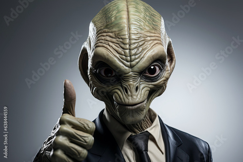 portrait of green alien pointing fingers with a thumbs up gesture on an isolated background