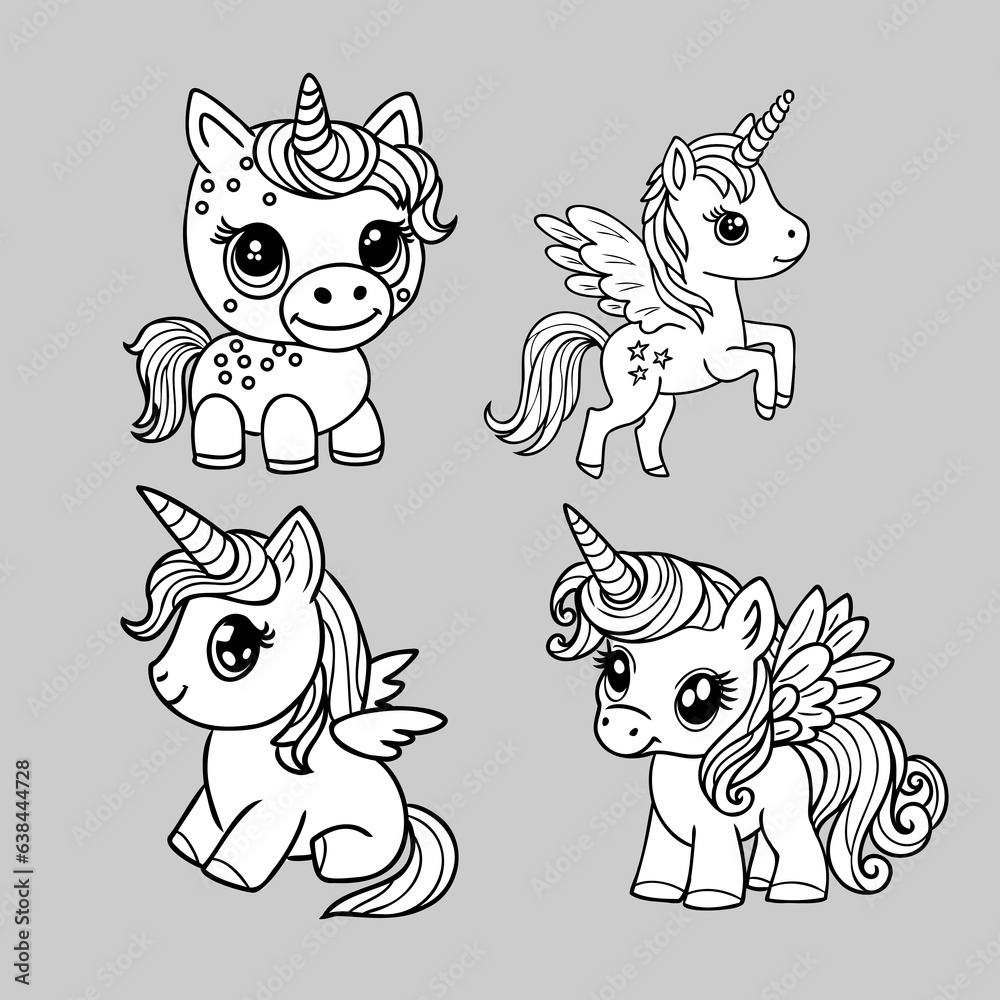 Obraz premium Cute unicorn and pony collection with magic items, rainbow, fairy