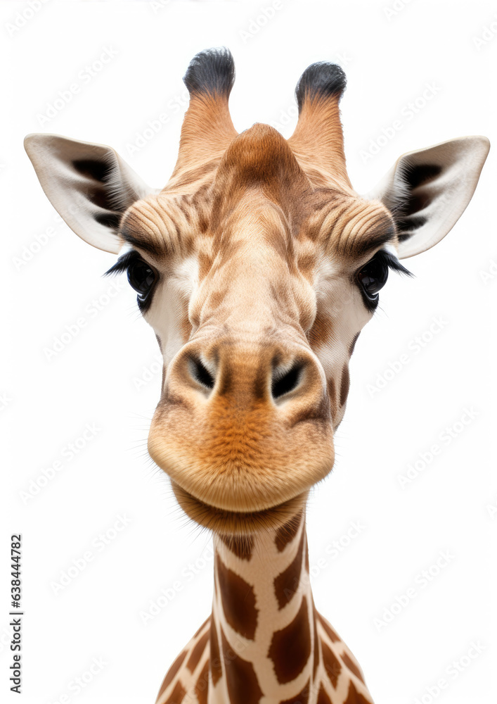 Fototapeta premium Fancy girafe portrait isolated on white background. Girafe looking into camera. copy space for text.