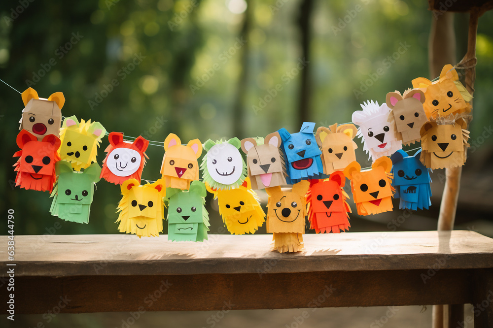 Colorful DIY animal garland against blurred green background, funny craft design for kids. 