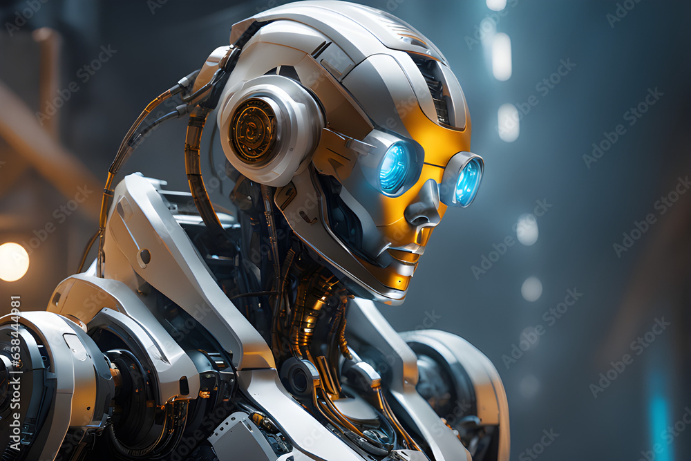 Fototapeta premium beautifulmmodern trobot with blue light eyes in dark background