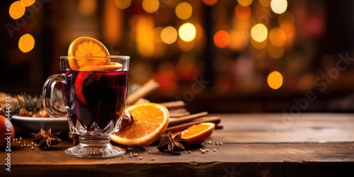Christmas shot of a delicious glass of hot mulled wine with oranges and spices on a wooden background. Place for text photo