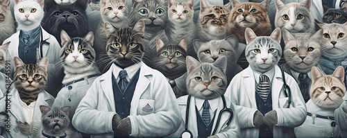 Team of veterinary doctors with cat heads cartoon style. Diagnostics of pets health in veterinary clinic.