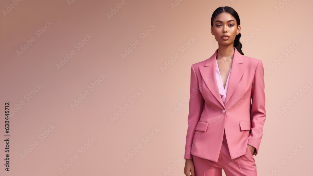A young brunette woman in pink clothing stands against a solid pink background. Studio. Isolated pink background. Generative AI. A young brunette woman in pink clothing stands against a solid pink background. Studio. Isolated pink background. Generative AI.