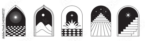 Vector logo design template in simple minimal style, magical and mystical symbols, tattoo signs - entrances, doors and windows with steps and staircases