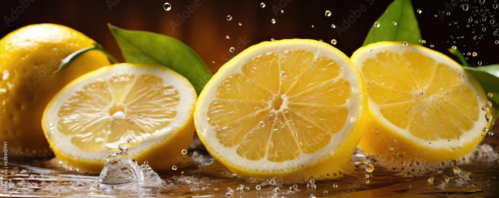Fresh lemons with water drops. Lemon and green leaves on wooden table. wide banner Fresh lemons with water drops. Lemon and green leaves on wooden table. wide banner