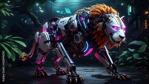 Robotic lion with neon accents  in a cybernetic jungle