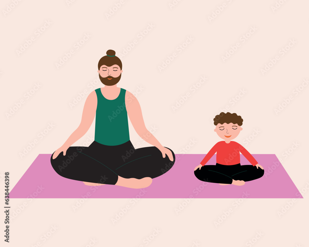 Man and boy sitting in lotus position meditation, doing yoga hand drawn vector illustration. Concept of preschool and school sports development, lifestyle, health, education. Cartoon flat characters