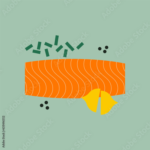 Salmon fillet with lemon and pepper for baking. Fresh red fish fillet. Flat vector illustration, geometric, modern style. Healthy seafood with herbs for cooking.
