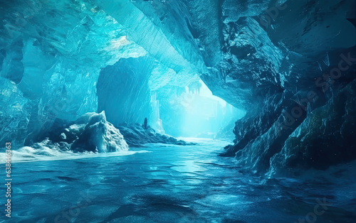Ice Glacier with a Blue Lagoon Caves Visable Underwater in the Lagoon Icy Environment Landscape Background AI Generative