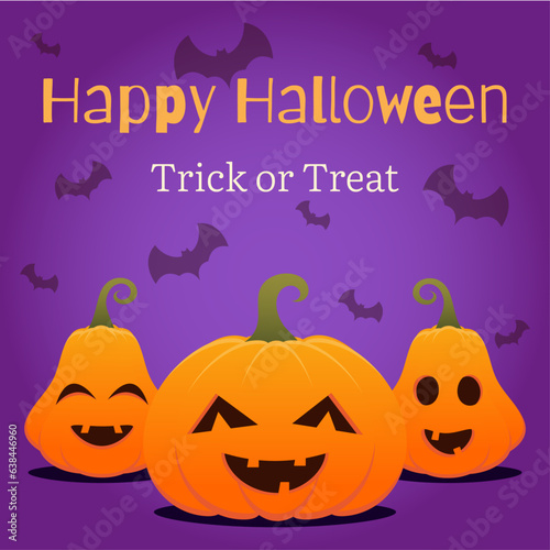 Happy halloween poster  greeting card  banner  background with cute pumpkins and bats. Trick or treat. Vector illustration