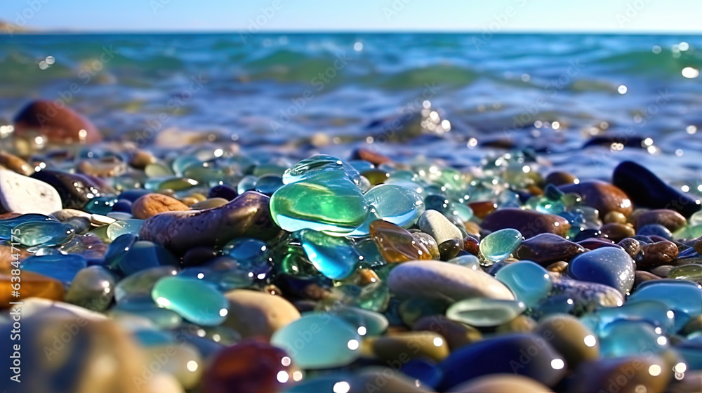 Polish Textured Sea Glasses and Stones on the Seashore Green, Blue Shiny Glass Sea Pebbles Close-Up AI Generative Polish Textured Sea Glasses and Stones on the Seashore Green, Blue Shiny Glass Sea Pebbles Close-Up AI Generative