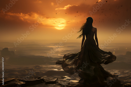 Beautiful young woman in a long dress in the sea at sunset