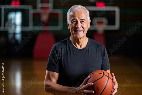 Portrait of senior man holding basketball ball in sports hall at home
