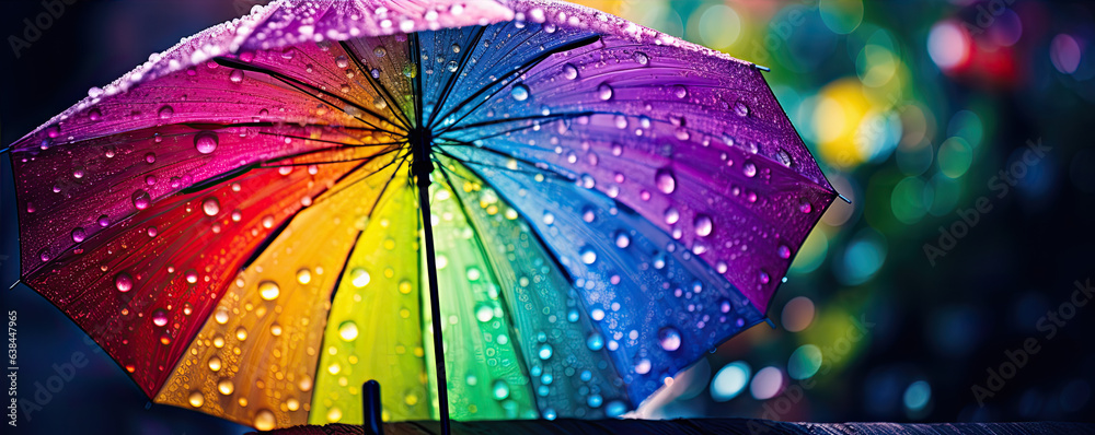 Rainbow umbrella in heavy rain. Raining protection concept. - obrazy, fototapety, plakaty 