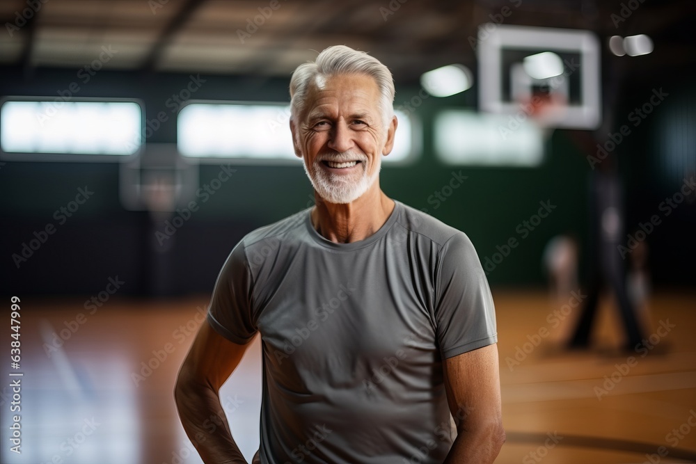 Portrait of smiling senior man standing with hands on hip in gym Portrait of smiling senior man standing with hands on hip in gym