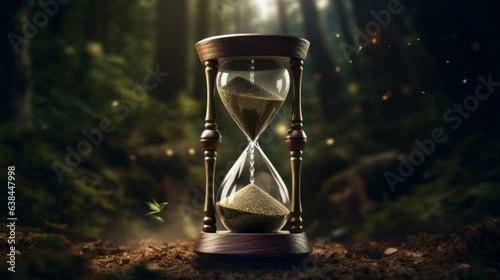 An hourglass in a serene forest setting