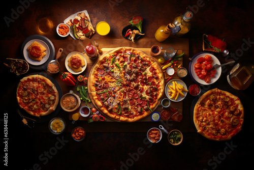 A flat lay photorealistic image of a sliced pepperoni pizza on a table with all the ingredients spread out  captured from a top-down view