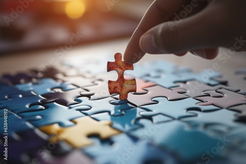 Jigsaw pieces align under sunlight as businesswomans hand crafts success through strategy Generative AI