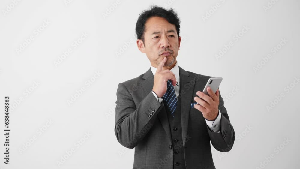 スマートフォンを持ちながら考えるミドル男性 ビジネスイメージ
スマートフォンを持ちながら考えるミドル男性 ビジネスイメージ