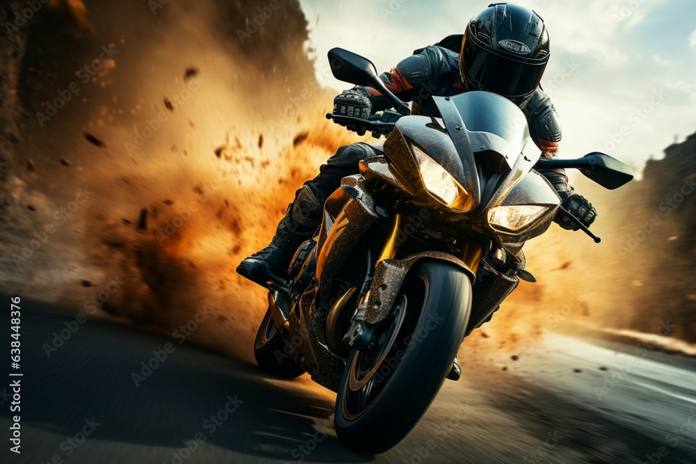 Rider blazes a trail on a high  speed motorcycle, channeling its formidable power Generative AI