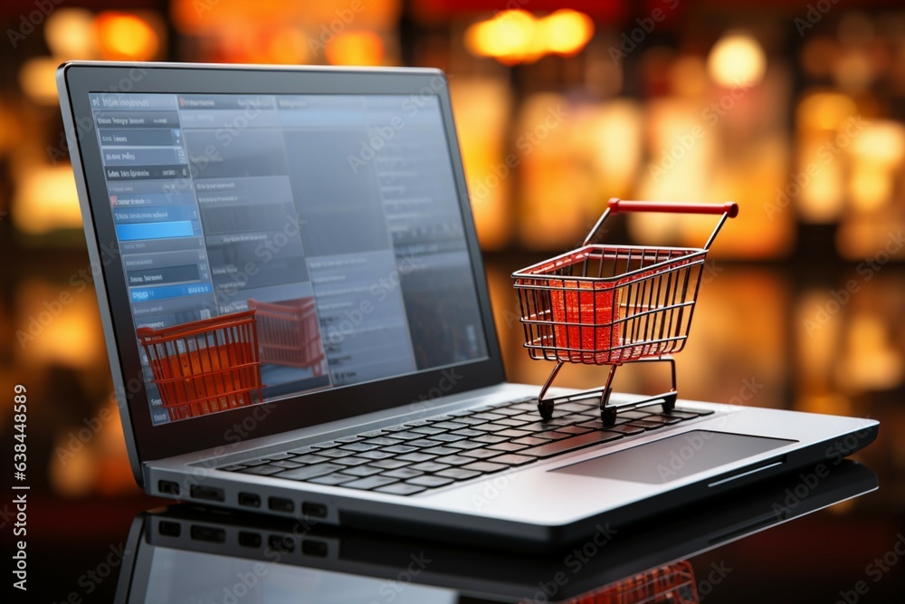 Shopping made digital Laptop, basket, keyboard converge, highlighting e  commerces online presence Generative AI